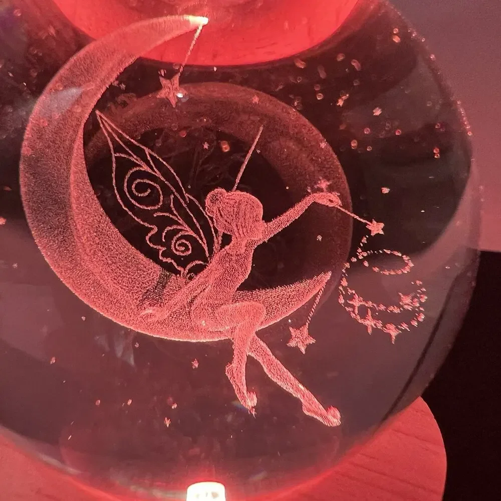 Lighted Tinkerbell Moon Fairy Glass Orb Ball Paperweight Night Light 2.5